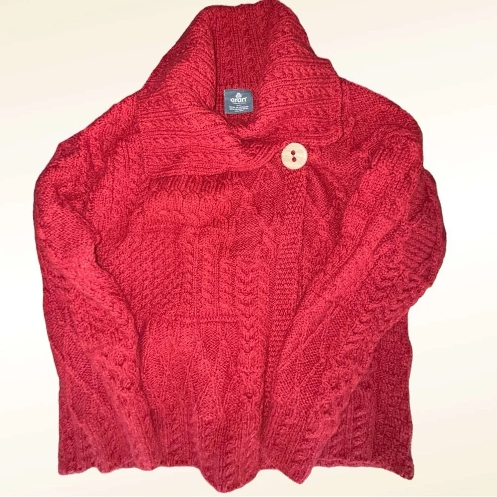 Aran Red Wool Cardigan Irish Patchwork Wrap Button Collar Merino XL - Picture 15 of 16